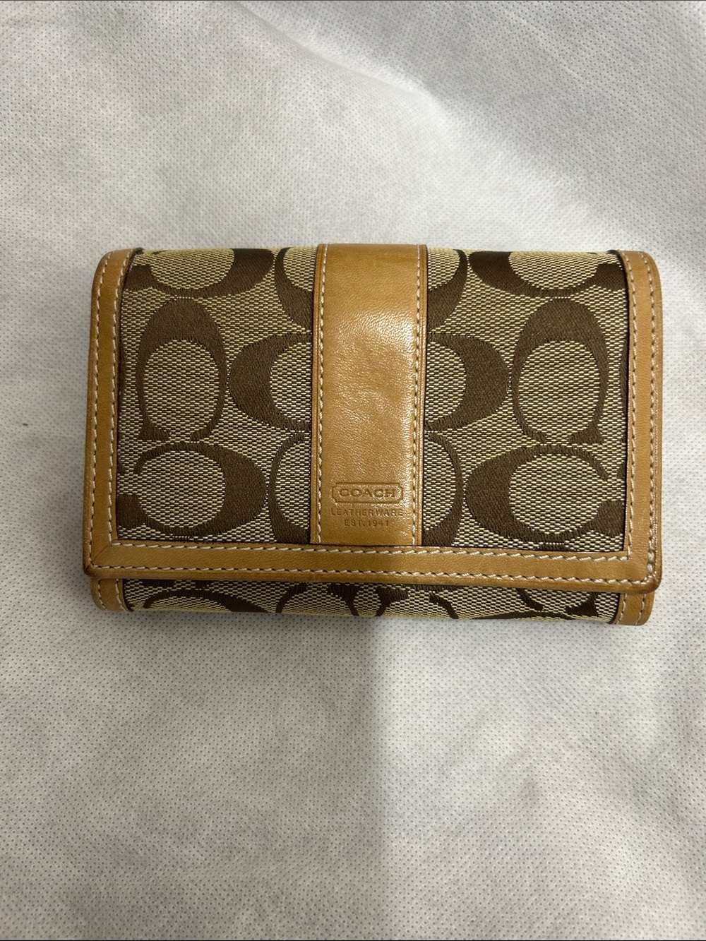 Coach Leather Ware Brown Signature Canvas Fold Wallet with Tan Leather Trim